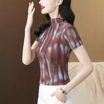 Футболка с короткими рукавами, летняя новая полуводолазка, женский свитер в иностранном стиле M