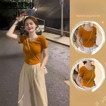 Футболка с короткими рукавами Positive Shoulder Slim Sexy, женская летняя, с французским U-образным вырезом, с короткими секциями, женские топы с дизайнерскими нишевыми трендовыми рубашками S оранжевый
