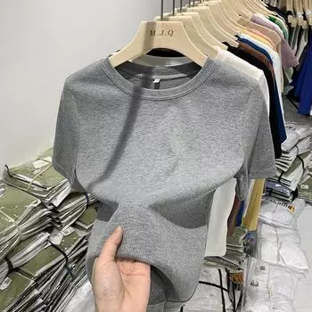 Футболка с короткими рукавами в европейском стиле для женщин, весна-лето, новая круглая горловина, утягивающая футболка, маленькая рубашка, однотонный универсальный топ S