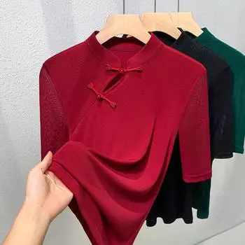 Футболка с короткими рукавами в китайском стиле с сеткой для женщин, новая осенняя рубашка с откидным верхом и воротником-стойкой в китайском стиле со средними рукавами в стиле темперамент S чёрный