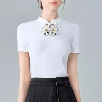 Футболка с короткими рукавами в китайском стиле для женщин, новая женская футболка с воротником-стойкой и пуговицами, новый китайский вышитый топ на талии S белый