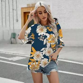 Футболка с короткими рукавами в стиле ретро с цветочным принтом в стиле минимализма, летняя, дышащая, 2024, элегантная, повседневная, легкая, женская одежда S