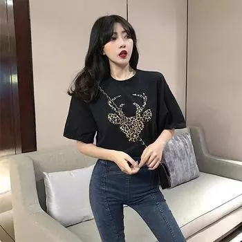 Футболка с короткими рукавами, женская летняя корейская леопардовая футболка с круглым вырезом, свободный топ, модная женская одежда XXL белый