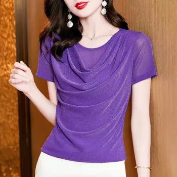 Футболка с короткими рукавами, женское летнее платье, нестандартная яркая шелковая рубашка в иностранном стиле, маленький топ M синий