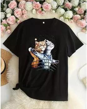 Футболка с кошачьим принтом больших размеров, повседневный топ с короткими рукавами для весны и лета, женская одежда больших размеров 1XL чёрный