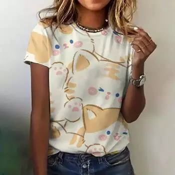 Футболка с котом, женская одежда, летняя мода, с круглым вырезом, с коротким рукавом, трендовым узором, повседневный топ, свободная одежда, женская футболка S