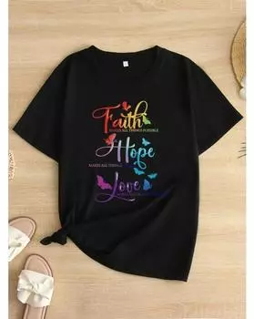 Футболка с красочным принтом в виде букв и бабочек больших размеров, повседневный топ с коротким рукавом для весны и лета, женская одежда больших размеров 1XL чёрный