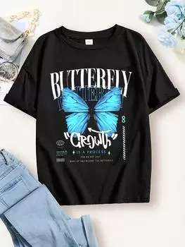 Футболка с креативным принтом «Бабочка», повседневные футболки с круглым вырезом для девочек, летняя одежда для активного отдыха S