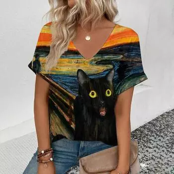 Футболка с креативным рисунком кота и граффити 2024 года, новая женская футболка с V-образным вырезом, персонализированная свободная футболка с короткими рукавами и принтом в виде чувства S