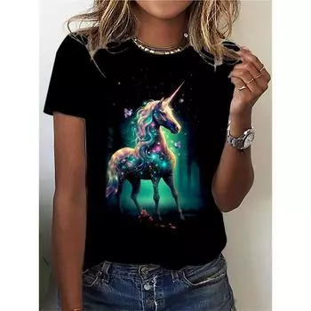 Футболка с круглым воротником и принтом «Лошадь и бабочка», повседневный топ с коротким рукавом для весны и лета, женская одежда S