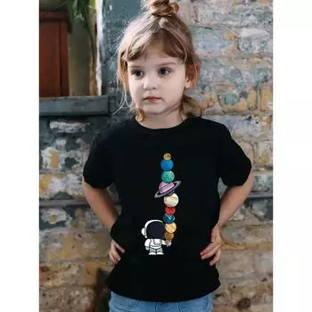 Футболка с круглым вырезом для мальчиков и девочек с графическим принтом в виде астронавта и планет, повседневная, летняя, удобная, для детей 100