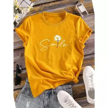 Футболка с круглым вырезом и 3D-принтом «Цветы и буквы», повседневная футболка с коротким рукавом для весны и лета S