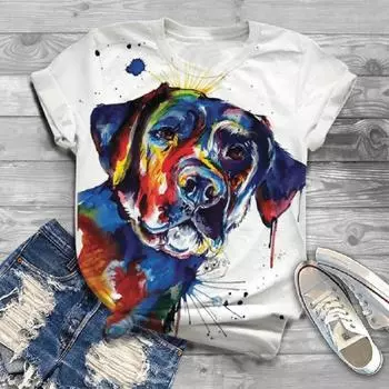 Футболка с круглым вырезом и 3D животным принтом собаки, женская размерная женская футболка, женские топы с короткими рукавами, футболка, летние топы S