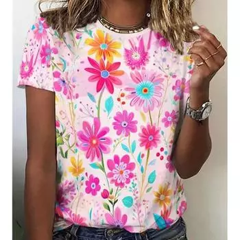 Футболка с круглым вырезом и цветочным принтом, повседневный топ с коротким рукавом для женской одежды на весну и лето XXS