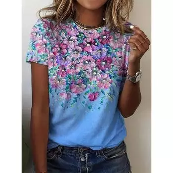 Футболка с круглым вырезом и цветочным принтом, весенние и летние повседневные топы с короткими рукавами, элегантная и удобная женская одежда L