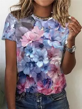 Футболка с круглым вырезом и цветочным принтом, повседневный топ с коротким рукавом для весны и лета, женская одежда S