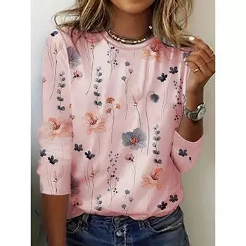 Футболка с круглым вырезом и цветочным принтом, повседневный топ с длинным рукавом для весны и осени, женская одежда S