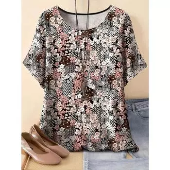 Футболка с круглым вырезом и цветочным принтом больших размеров - мягкая полиэстеровая ткань средней эластичности, повседневный топ с коротким рукавом, весна и лето - женская свободная одежда XL