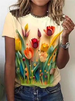 Футболка с круглым вырезом и цветочным принтом, повседневный топ с коротким рукавом для весны и лета, женская одежда S