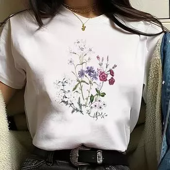 Футболка с круглым вырезом и цветочным принтом, повседневный топ с коротким рукавом для весенне-летней женской одежды, белые футболки с принтом в стиле Харадзюку S
