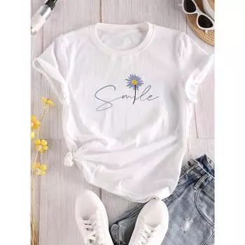 Футболка с круглым вырезом и цветочным принтом, повседневная футболка с коротким рукавом для весны и лета, женская одежда S