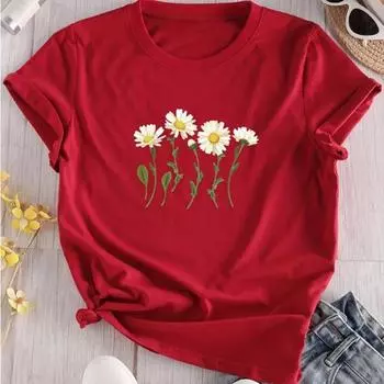 Футболка с круглым вырезом и цветочным принтом, повседневная футболка с коротким рукавом для весенней и летней женской одежды XS фиолетовый