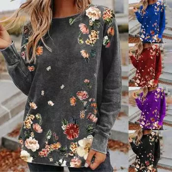 Футболка с круглым вырезом и длинным рукавом, женская блузка с цветочным принтом, пуловер на лето L серый