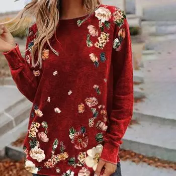 Футболка с круглым вырезом и длинным рукавом, женская блузка с цветочным принтом