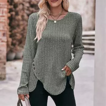 Футболка с круглым вырезом и длинным рукавом, женская, однотонная, с пуговицами, матовая S серый