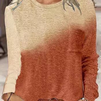 Футболка с круглым вырезом и длинным рукавом из цветного блока, эластичный полиэстер, сплошной цветной узор, идеальная повседневная женская одежда на весну и осень S