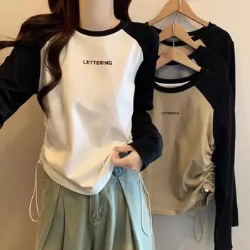 Футболка с круглым вырезом и длинным рукавом на правом плече для женщин, новая осенняя рубашка 2024 года с контрастным цветом, реглан, завязка на талии, верхняя и нижняя части S