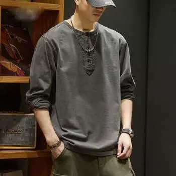 Футболка с круглым вырезом и длинными рукавами в американском стиле, мужская осенняя, из плотного хлопка, свободная, модная, с вырезом Генри S