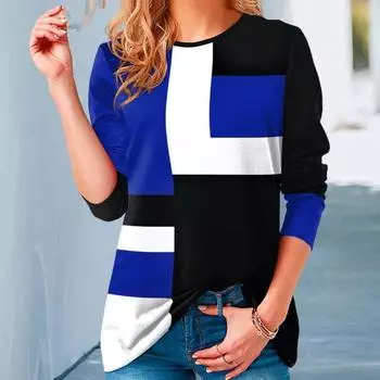 Футболка с круглым вырезом и длинными рукавами, топ, женский повседневный пуловер с геометрическим лоскутным принтом, блузка, уличная одежда 3XL синий