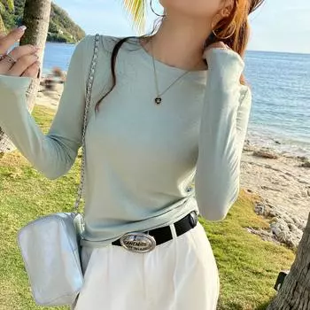 Футболка с круглым вырезом и длинными рукавами, женская, внутренний слой, весенний, новый, однотонный, облегающий, из чистого хлопка, ранняя весна, топ на правое плечо S