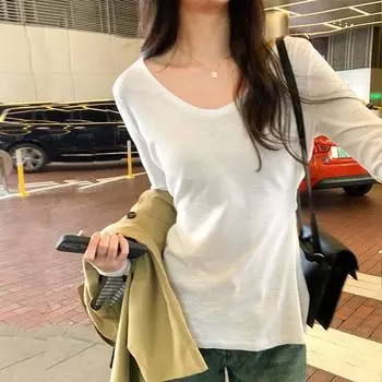 Футболка с круглым вырезом и длинными рукавами из однотонного бамбукового хлопка для женщин, осень-зима, новая облегающая рубашка с внутренним слоем, ленивый топ S