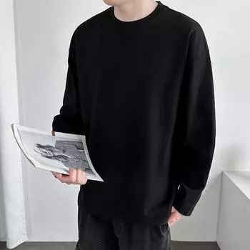 Футболка с круглым вырезом и длинными рукавами, однотонный мужской свободный свитер на весну и осень, белая утолщенная верхняя часть, футболка-боди S чёрный