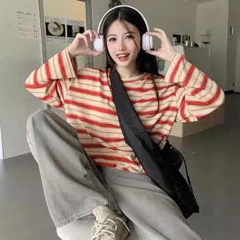 Футболка с круглым вырезом и длинными рукавами в полоску, женская, осенняя, новый дизайн, свободный и тонкий, повседневный, студенческий, с разрезом M