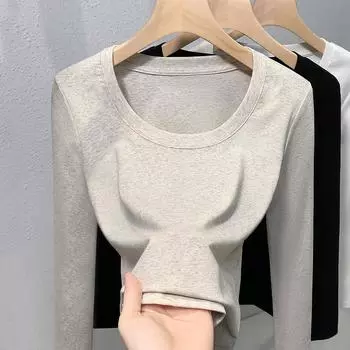 Футболка с круглым вырезом и длинными рукавами для женщин, черная внутренняя рубашка, базовая нижняя рубашка, осенне-зимний новый стиль, утягивающий топ S чёрный