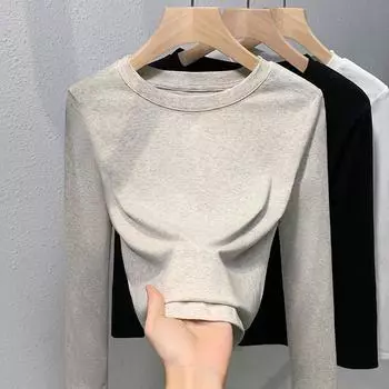 Футболка с круглым вырезом и длинными рукавами, женская осенне-зимняя новая базовая рубашка с внутренней отделкой, корейская версия, облегающий и тонкий простой топ S