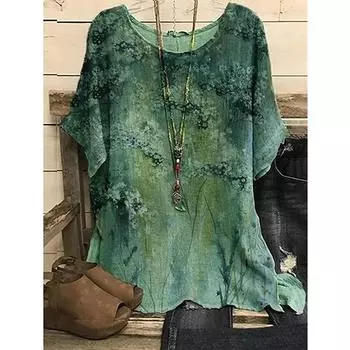 Футболка с круглым вырезом и градиентом для женщин - свободный крой, большой размер, повседневный топ с коротким рукавом XL зелёный