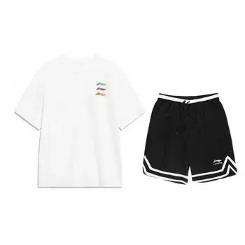 Футболка с круглым вырезом и коротким рукавом с принтом логотипа Li Ning и шорты до колена со средней посадкой, повседневный спортивный комплект, унисекс, YHSV373-1+YAPV001-1 M