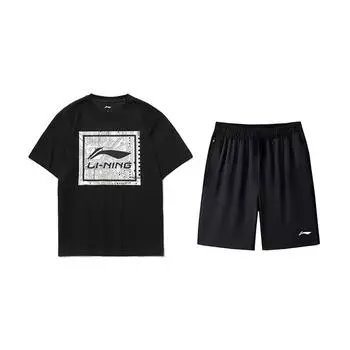Футболка с круглым вырезом и коротким рукавом с принтом логотипа Li Ning Удобный повседневный модный комплект Шорты Повседневный спортивный костюм Костюм унисекс AHSUA15-2+AKSV843-1 L