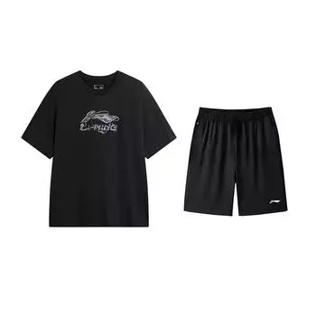 Футболка с круглым вырезом и коротким рукавом с принтом логотипа Li Ning, модная, трендовая, универсальная, шорты, повседневный спортивный костюм, костюм унисекс AHSVD57-1+AKSV843-1 3XL