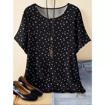 Футболка с круглым вырезом и коротким рукавом с принтом в виде сердца большого размера - мягкая полиэстеровая ткань средней эластичности, повседневная женская одежда с принтом по всей поверхности для всех сезонов XL чёрный