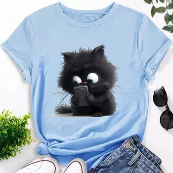 Футболка с круглым вырезом и коротким рукавом из полиэстера с принтом мультяшного кота — повседневная футболка для любителей кошек — модный трикотажный топ на все времена года S