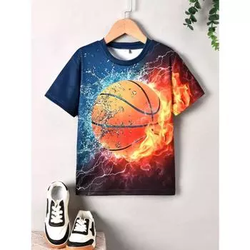 Футболка с круглым вырезом и коротким рукавом с принтом баскетбольного мяча для подростков и мальчиков 100