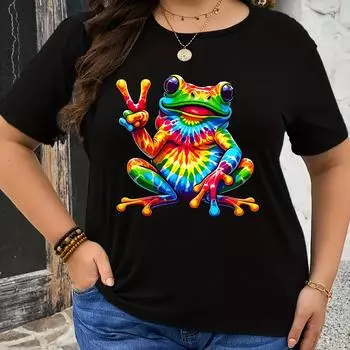 Футболка с круглым вырезом и коротким рукавом с принтом лягушки больших размеров для повседневных женских футболок на весну и лето XL