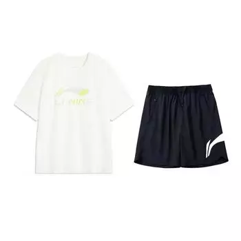 Футболка с круглым вырезом и короткими рукавами с принтом логотипа Li Ning, модная, простая, удобная, универсальная, шорты, повседневный спортивный комплект AHSV161-1+YKSV197-2 XL
