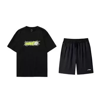 Футболка с круглым вырезом и короткими рукавами с принтом логотипа Li Ning, модная, простая, универсальная, шорты, повседневный спортивный костюм, костюм унисекс AHSUA03-2+AKSV843-1 3XL
