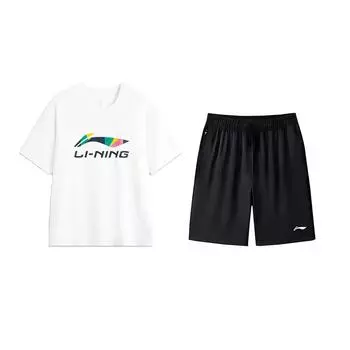 Футболка с круглым вырезом и короткими рукавами с принтом логотипа Li Ning, модная, универсальная, удобная, повседневный спортивный комплект, унисекс, AHSVD61-1+AKSV843-1 2XL